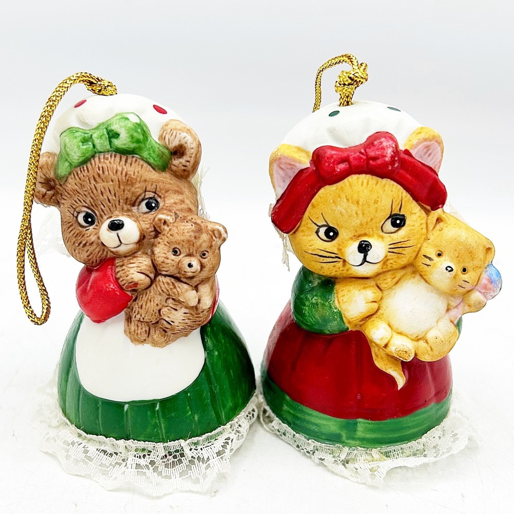 Vintage J.S.N.Y. Cat and Bear Christmas Bell Ornaments